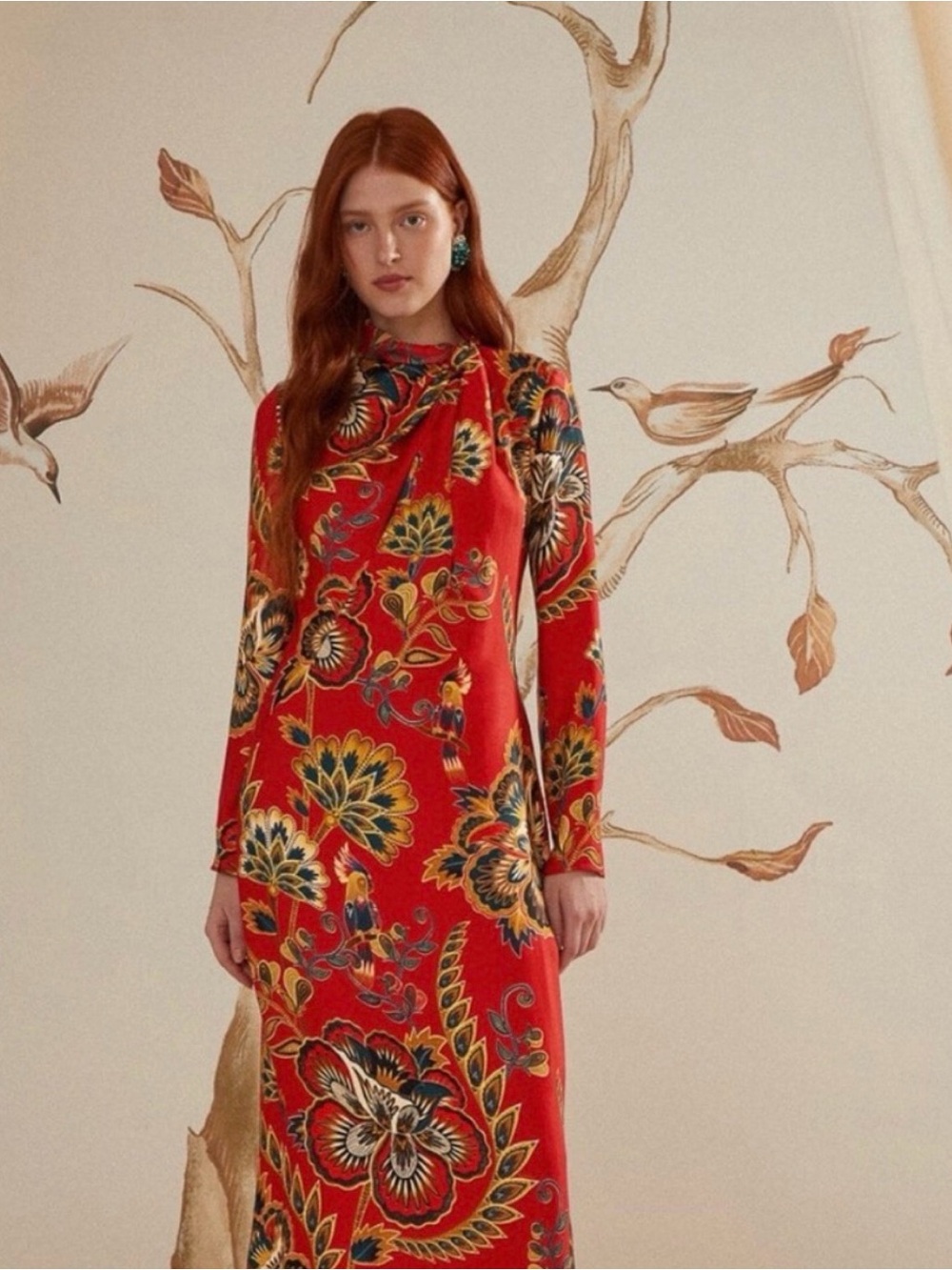 FARM Rio Red Floral Long-Sleeve Maxi Dress with Botanical Print